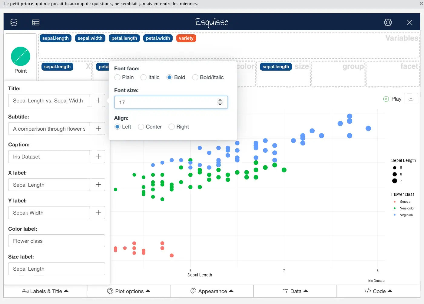 Styling the title and subtitle text in R Esquisse